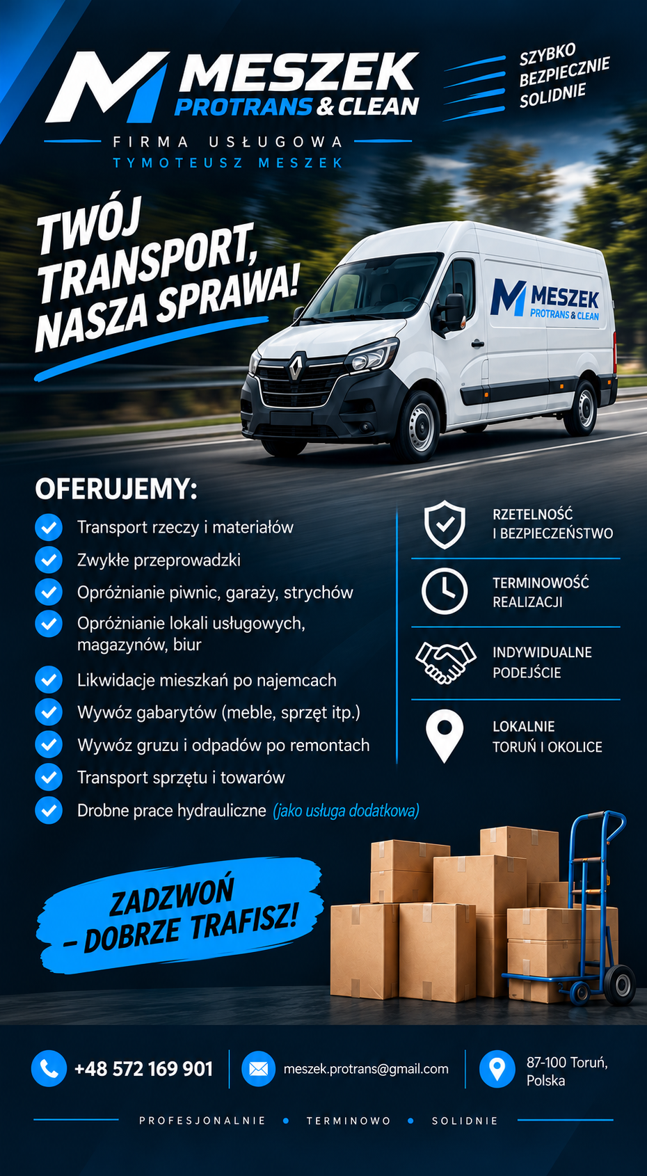 Pojazd dostawczy PROTRANS & CLEAN Tymoteusz Meszek Toruń – usługi transportowe i wywóz odpadów